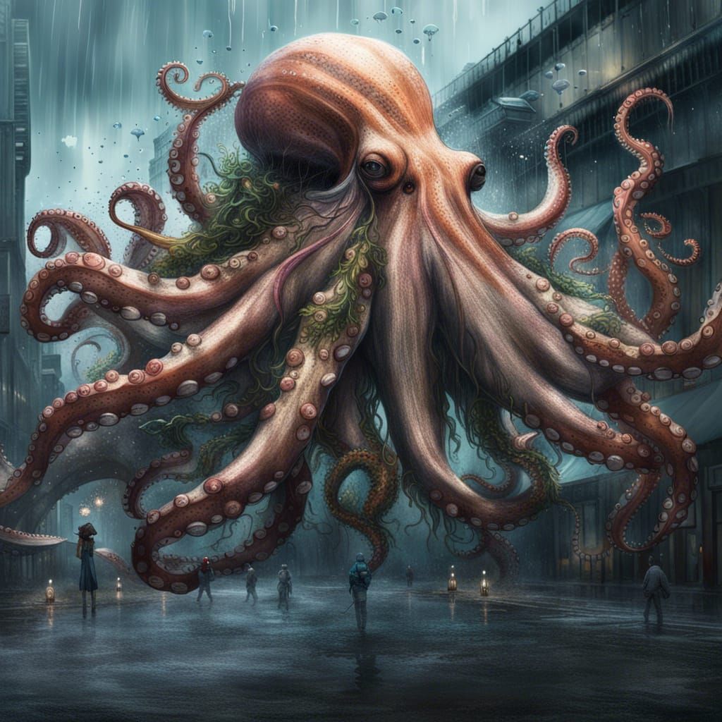 Ominous Deep-Sea Octopus in Hyperreal Splash Art