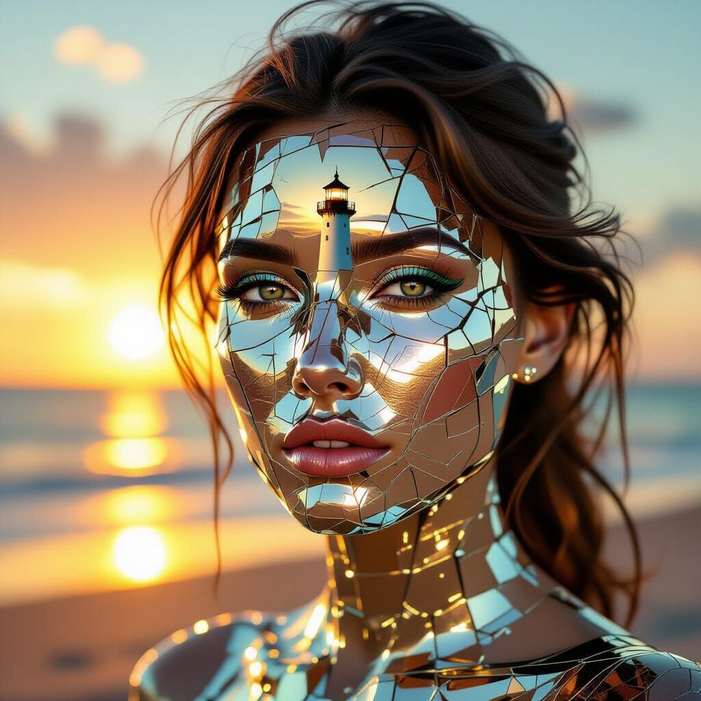 Glass Shard Woman Reflecting Lighthouse: Glitch Art