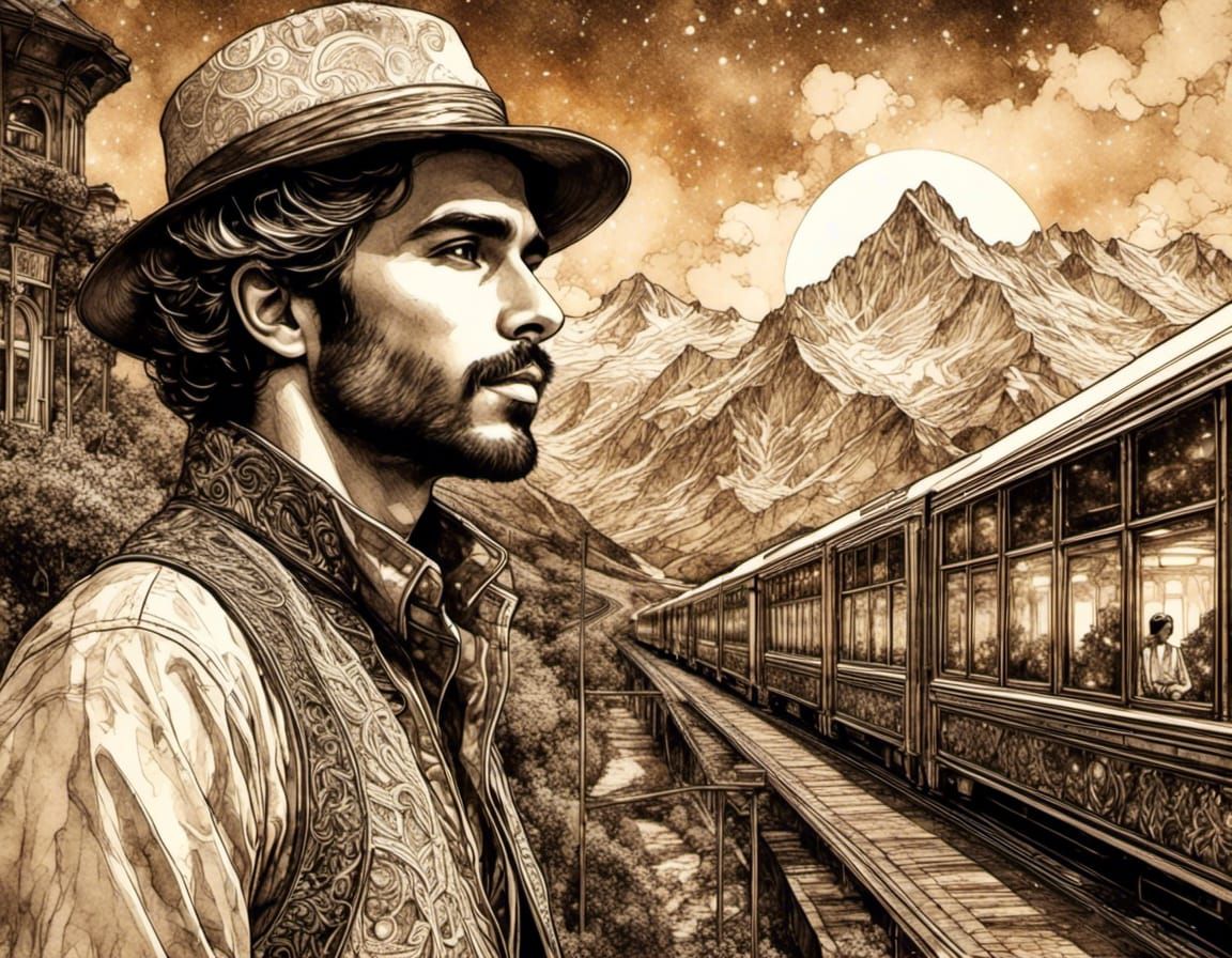 Moebius Style Illustration: Alexandrian Man at Train Station