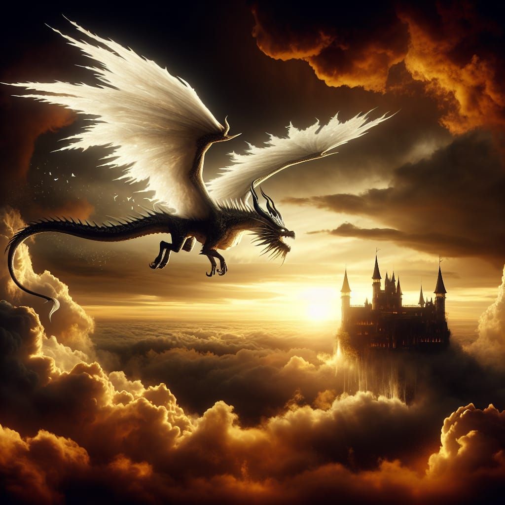 Majestic Angel Dragon Soars Through a Golden Sunset