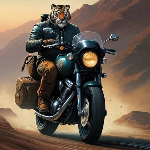 Tiger Rides Motorcycle in Comic Book Style