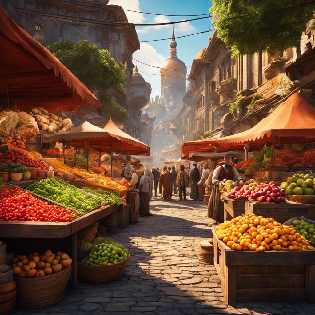 Vibrant Farmers Market in Detailed Matte Painting Style
