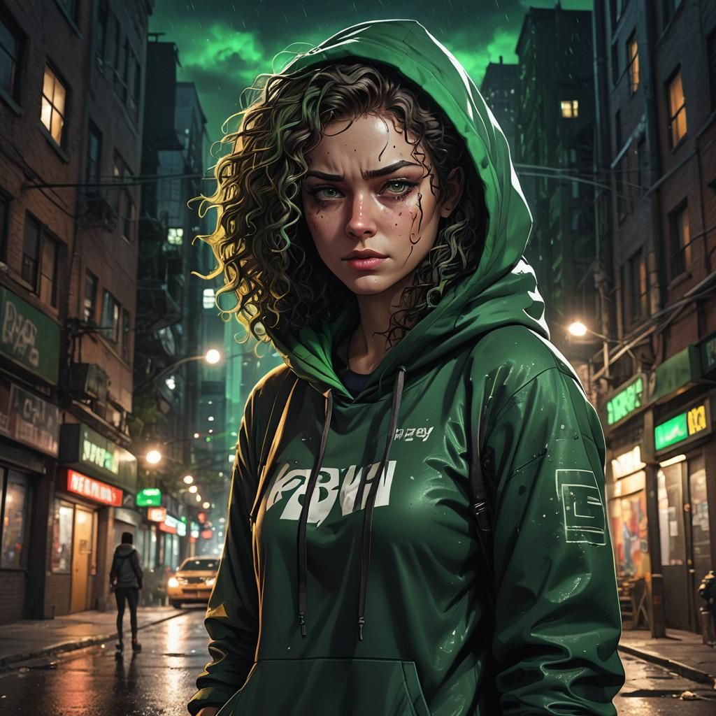 Crying Comic Book Girl in City Corner, Matte Painting