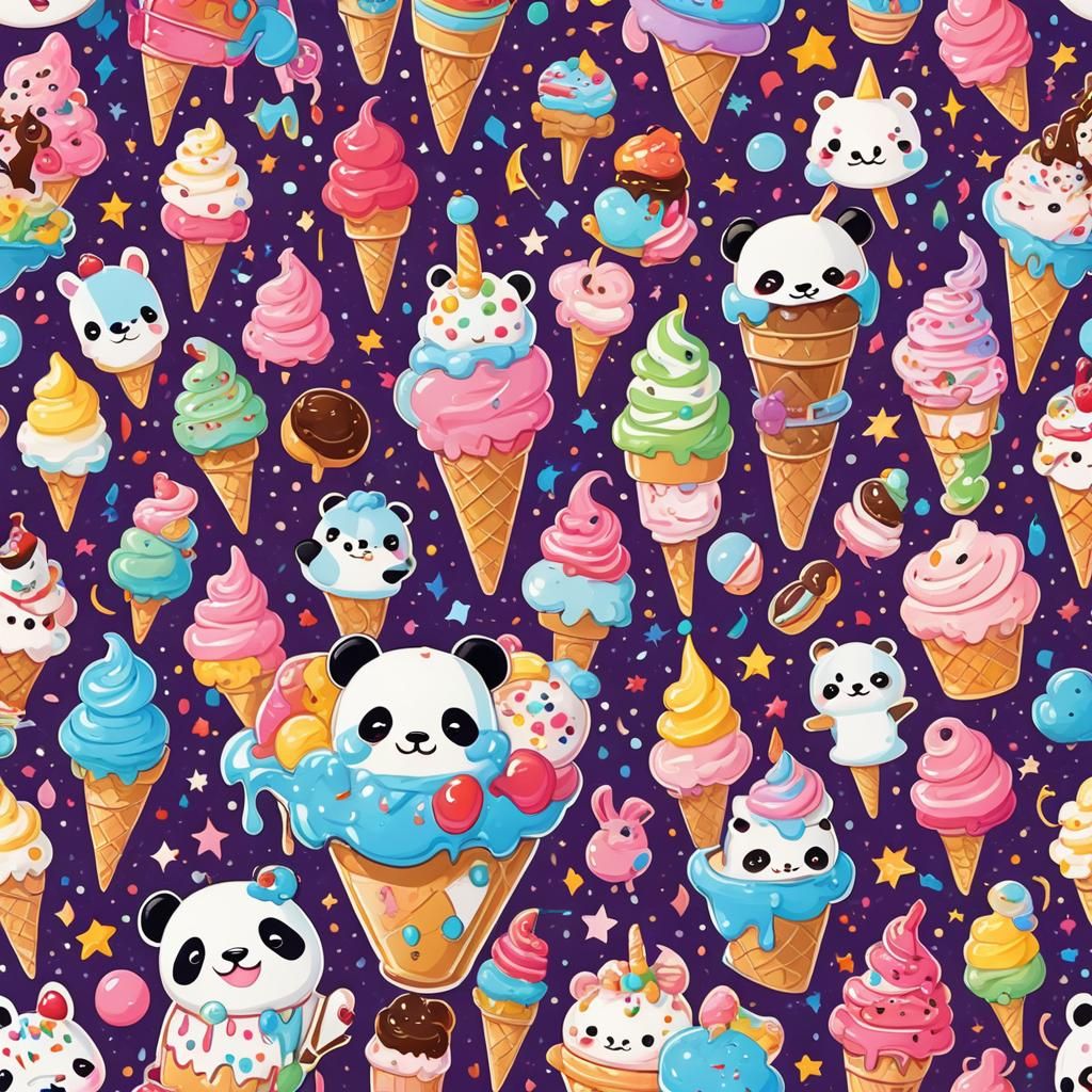 Kawaii Animals Party in Ice Cream Pot, Impasto Watercolor
