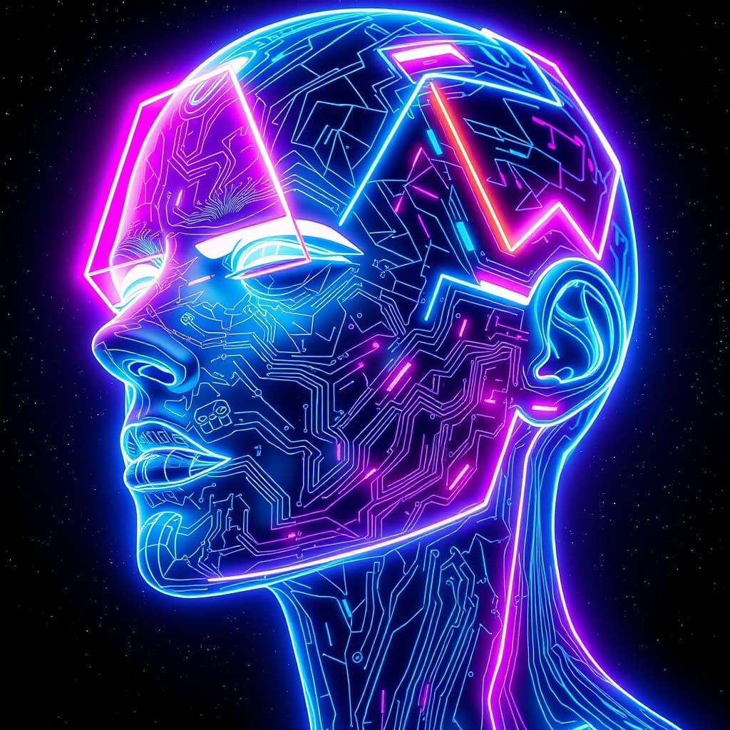 Cyberpunk Human Face in Glowing Neon Geometric Shapes