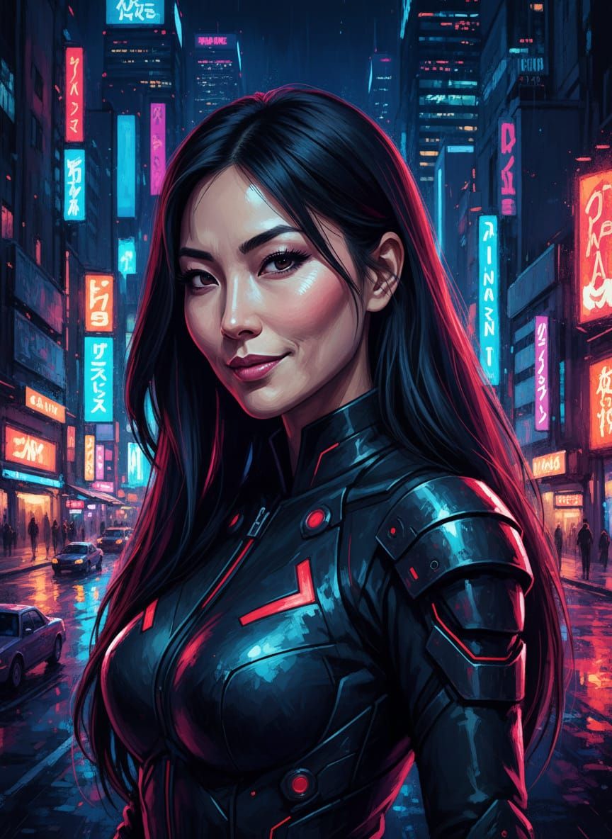 Glamorous Japanese Model in Neon Cityscape