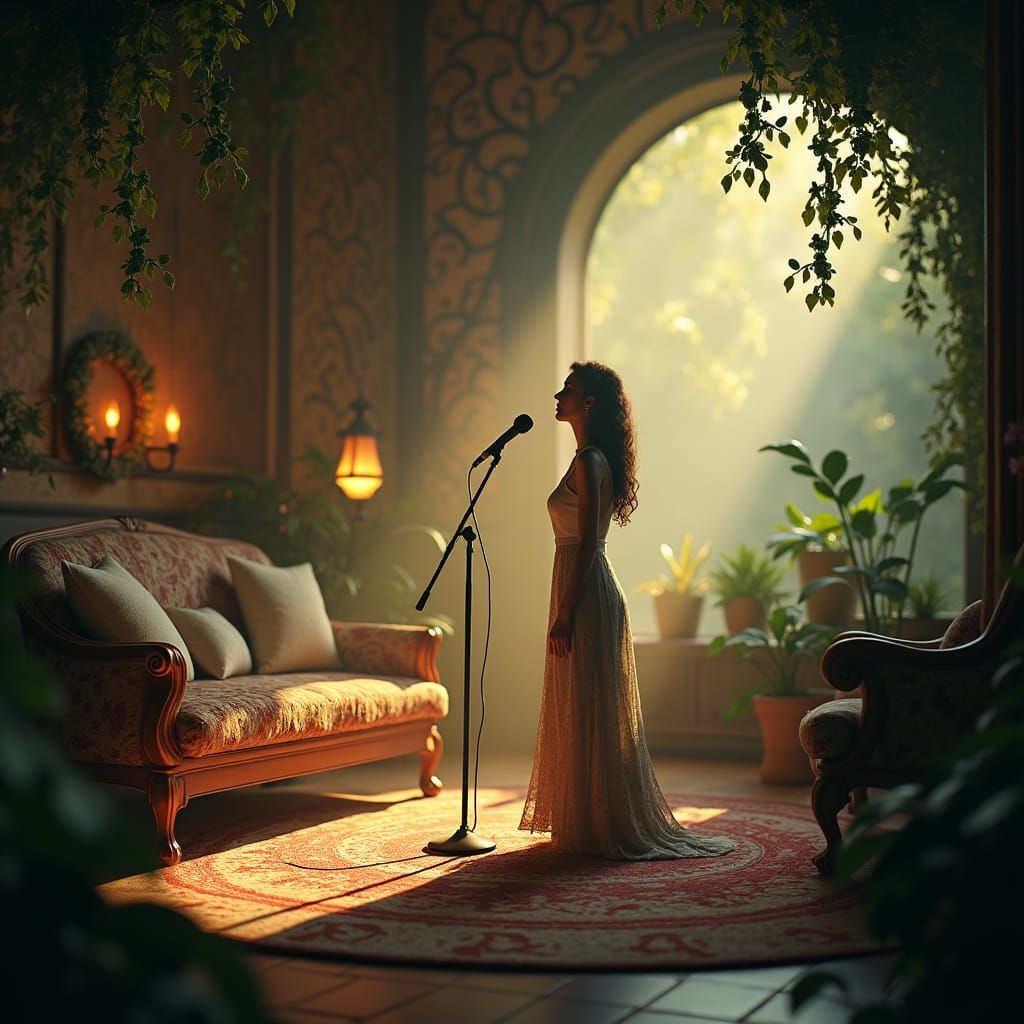 Enchanted Singer in Dreamy Living Room