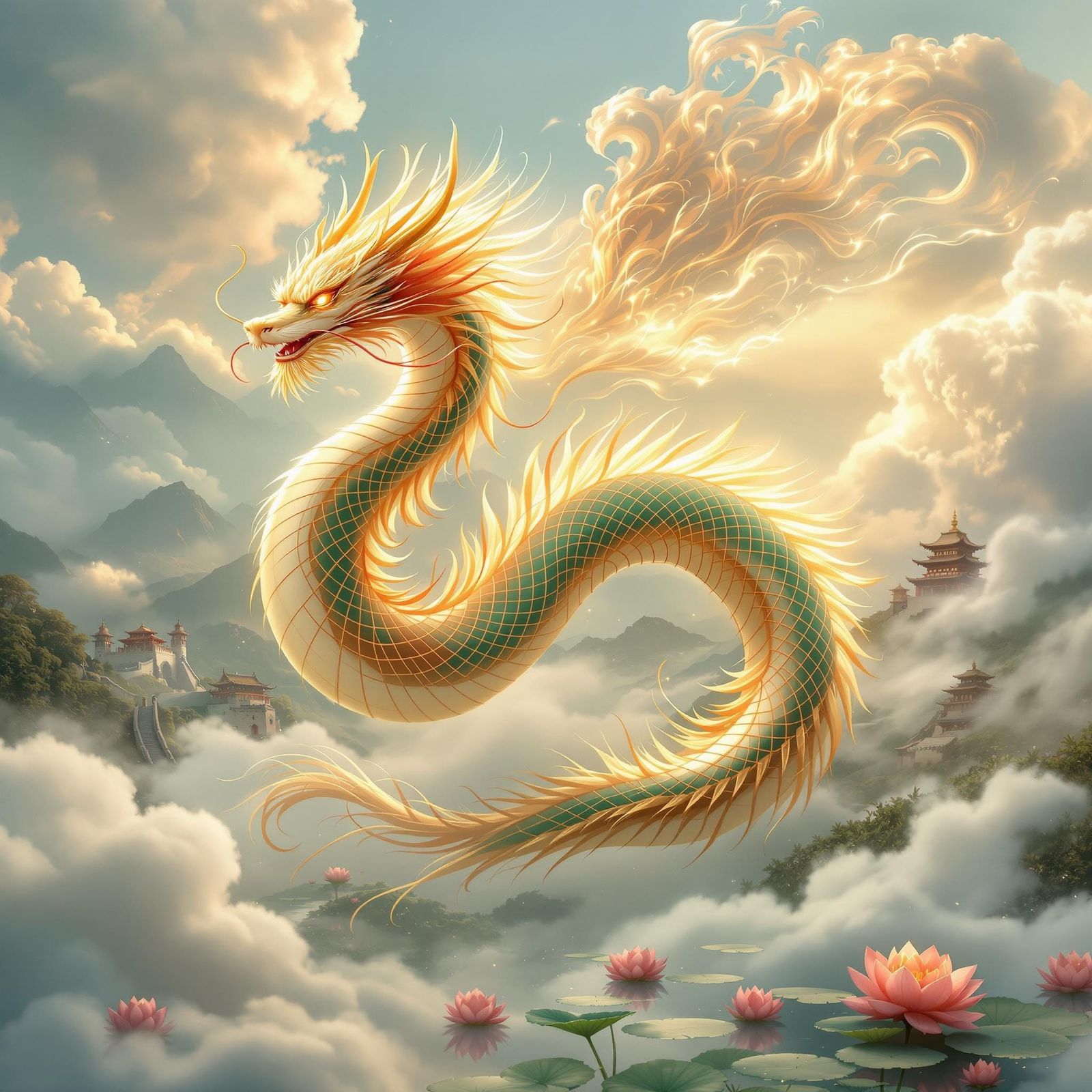 Chinese Dragon Phoenix Harmony in Jade Gold Crimson