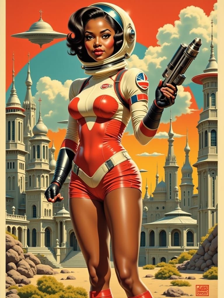Retro Sci-Fi Astronaut Pin-Up in Vintage-Futurism Style