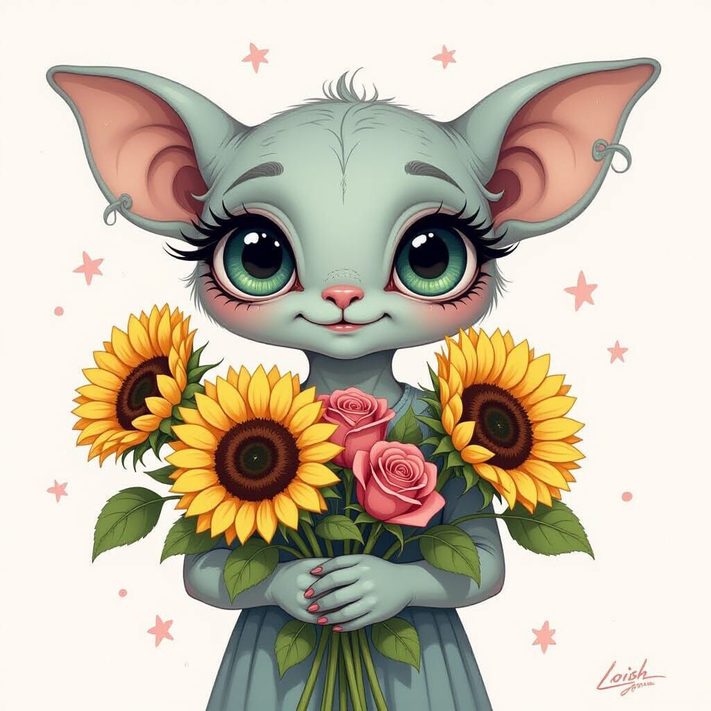 Whimsical Gray Creature with Flowers, Hand-Drawn Style