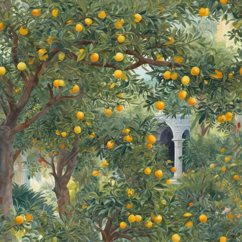 Moorish Palace in Citron Groves: Gouache Watercolor Impressi...