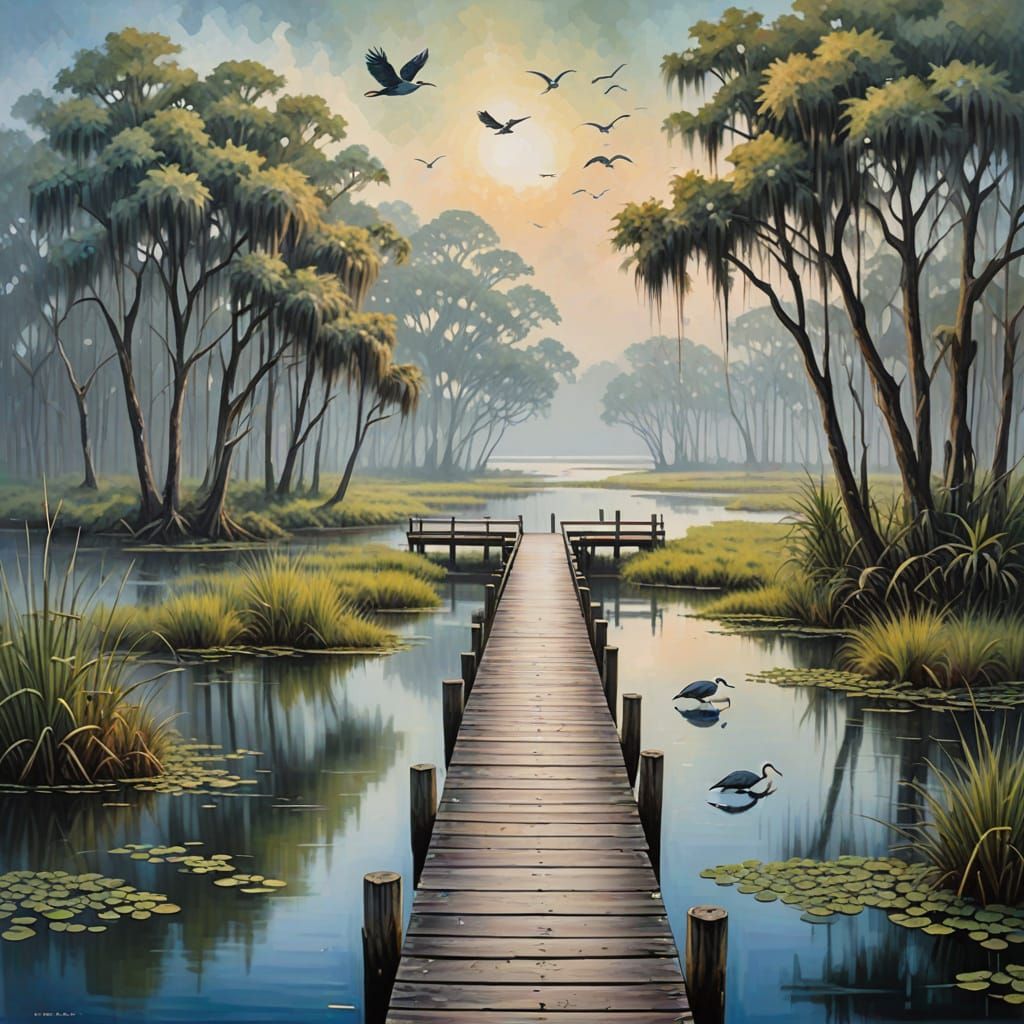 Florida Lake Scene with Wooden Bridge in Abstract Art