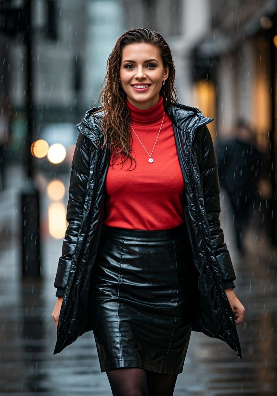 Confident Office Woman Strides Through Rainy London Streets