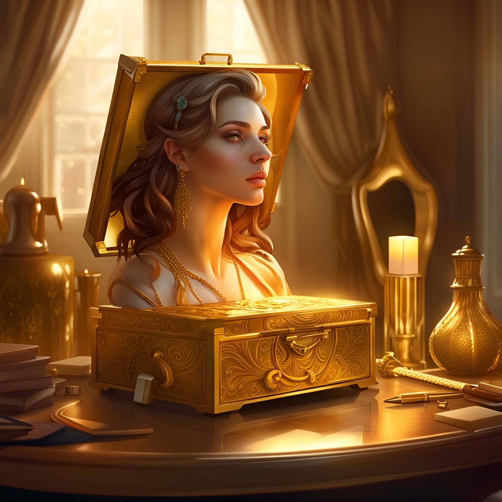Golden Treasure Box Portrait in Hyperdetailed Style