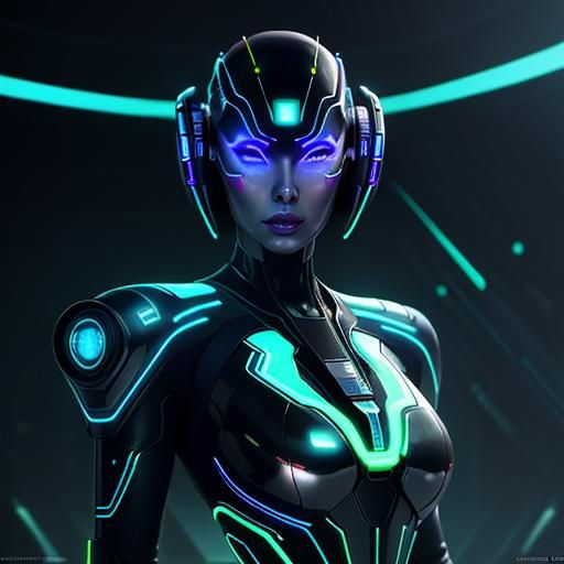 Vibrant digital art. Close-up portrait. Aria, a futuristic AI assistant, interacts with glowing code streams in a darken...