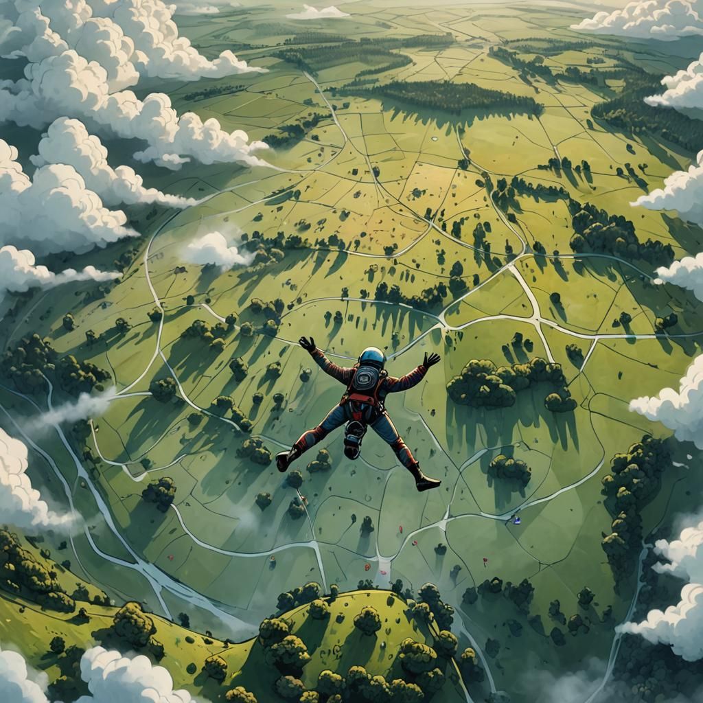 Skydive Over Meadow: Retro Comic Book Illustration