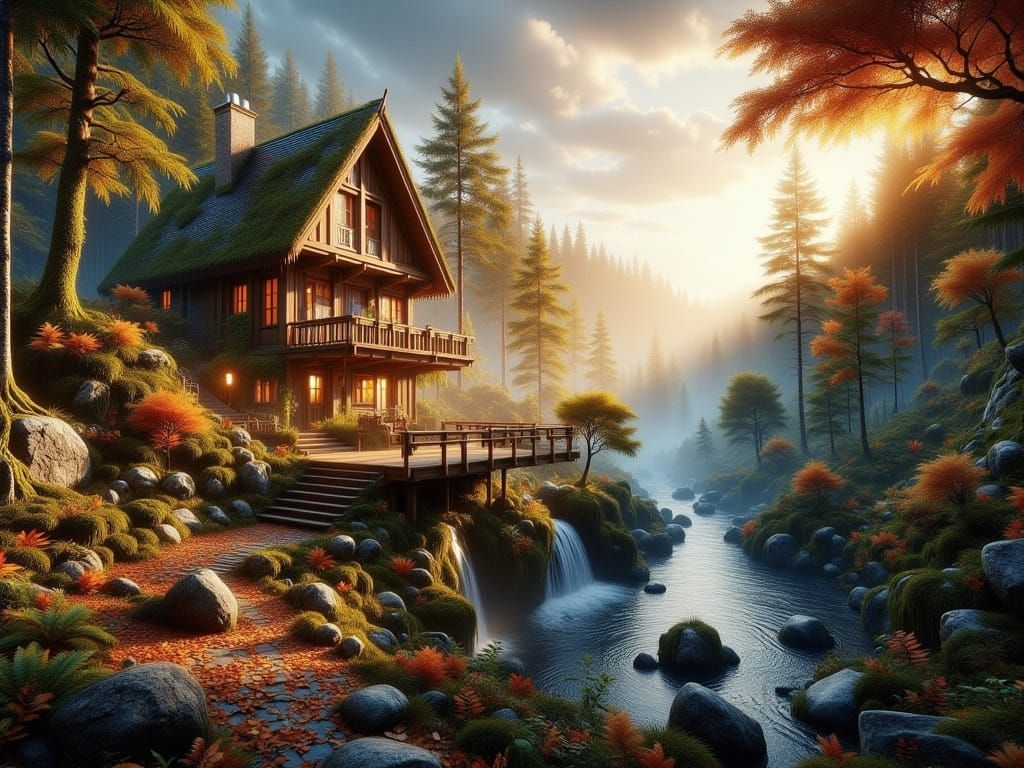 Autumn morning with secluded mountain house