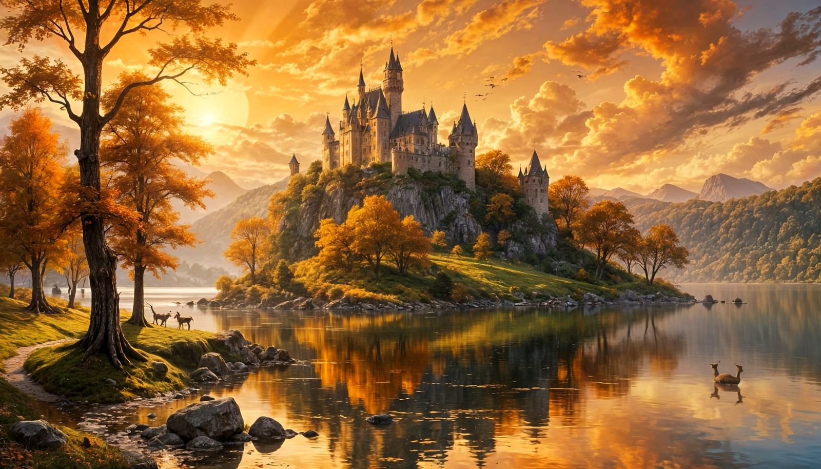 Medieval Castle Above Reflective Lake at Sunset