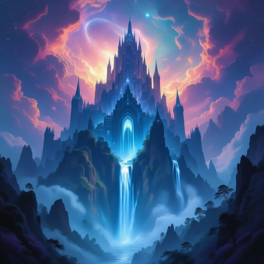 Ancient Fortress in Crystal Mountain Amidst Nebula