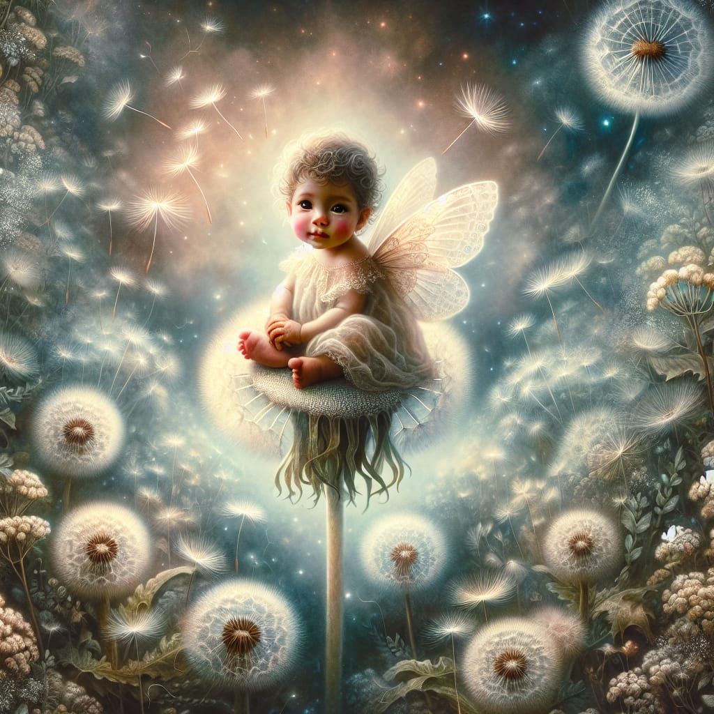 Hispanic Baby Fairy on Dandelion in Dreamy Pastel Art
