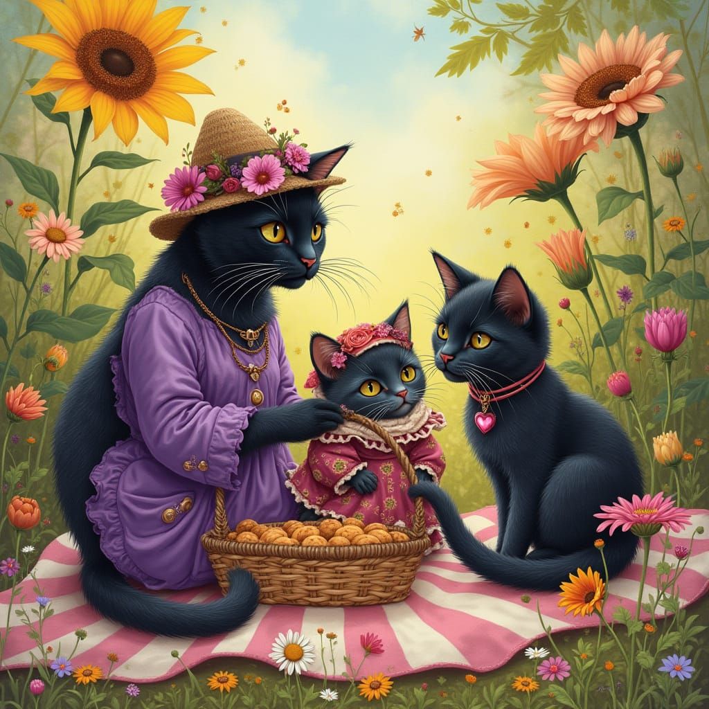 Bohemian Tabby Cat Family Picnic, Art Nouveau Style