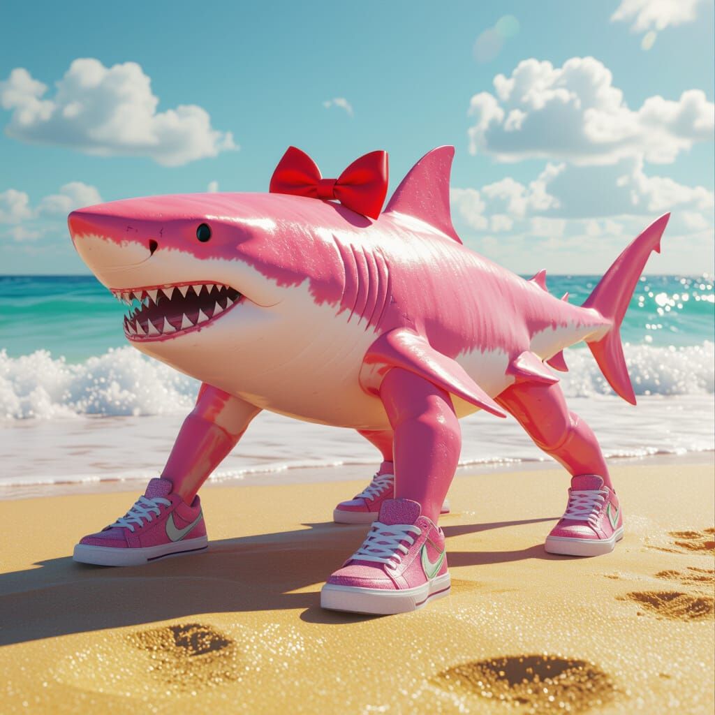 Hyperrealistic Pink Shark with Legs Wears Sneakers on Beach