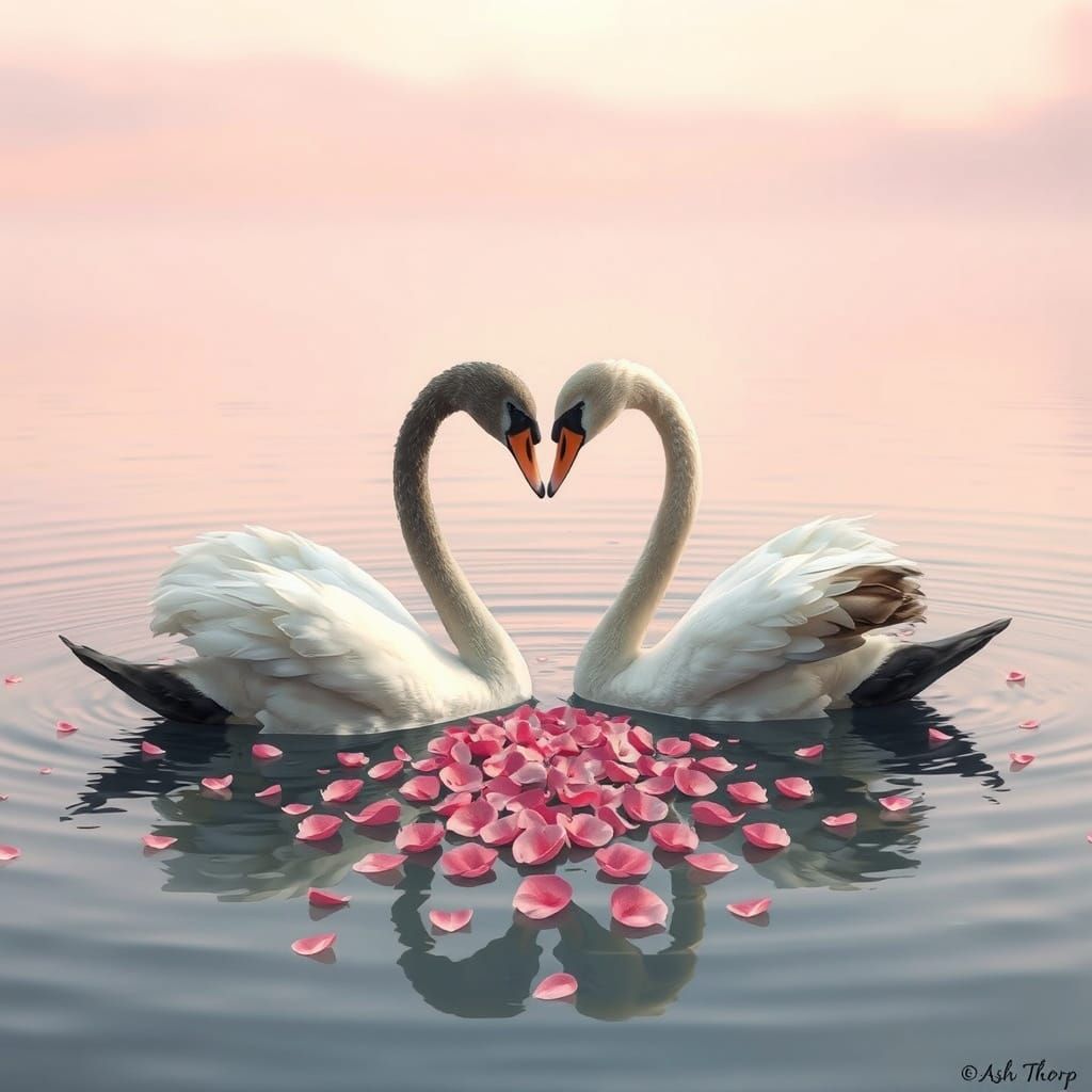 Two swans, a black swan and a white swan, facing each other ...