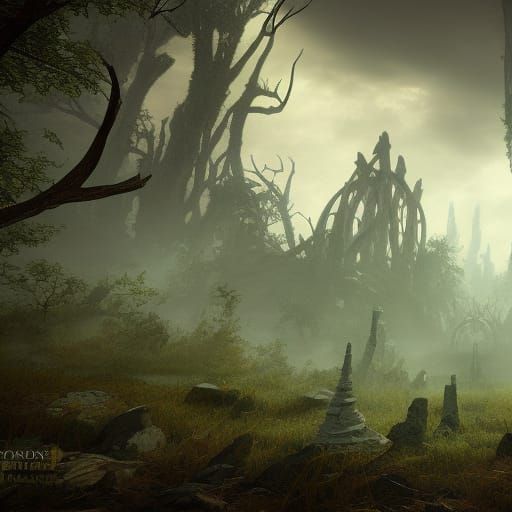 Hauntingly Beautiful Elven Shrine Ruins in Mist
