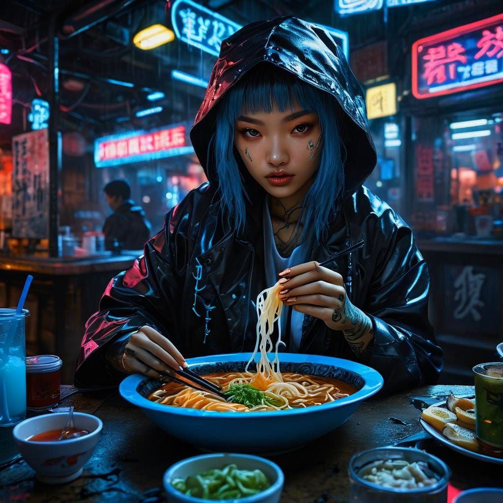 Neon Noir Cyberpunk Street Food Scene