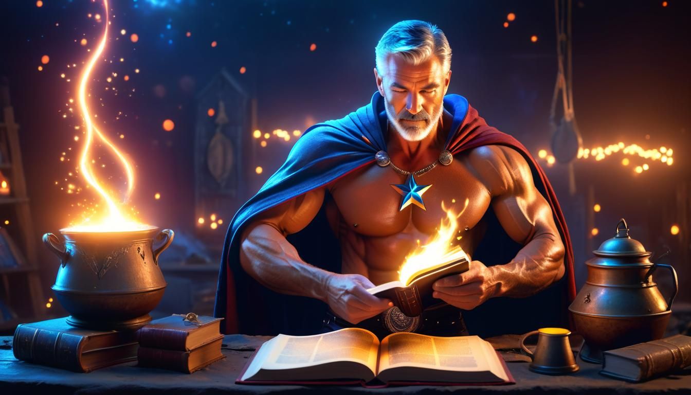 Muscular Sorcerer Under Night Sky: Digital Art