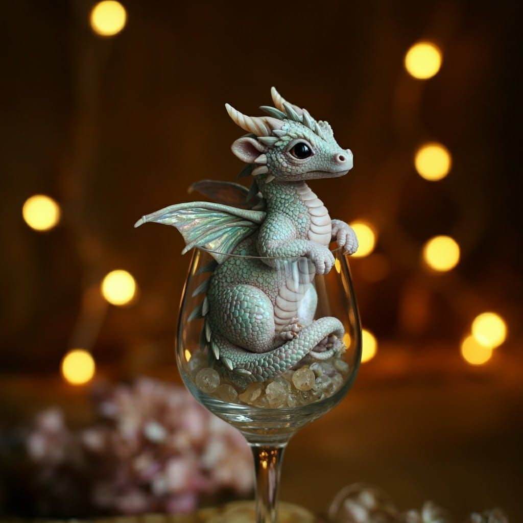 Iridescent Baby Dragon in Crystal Goblet