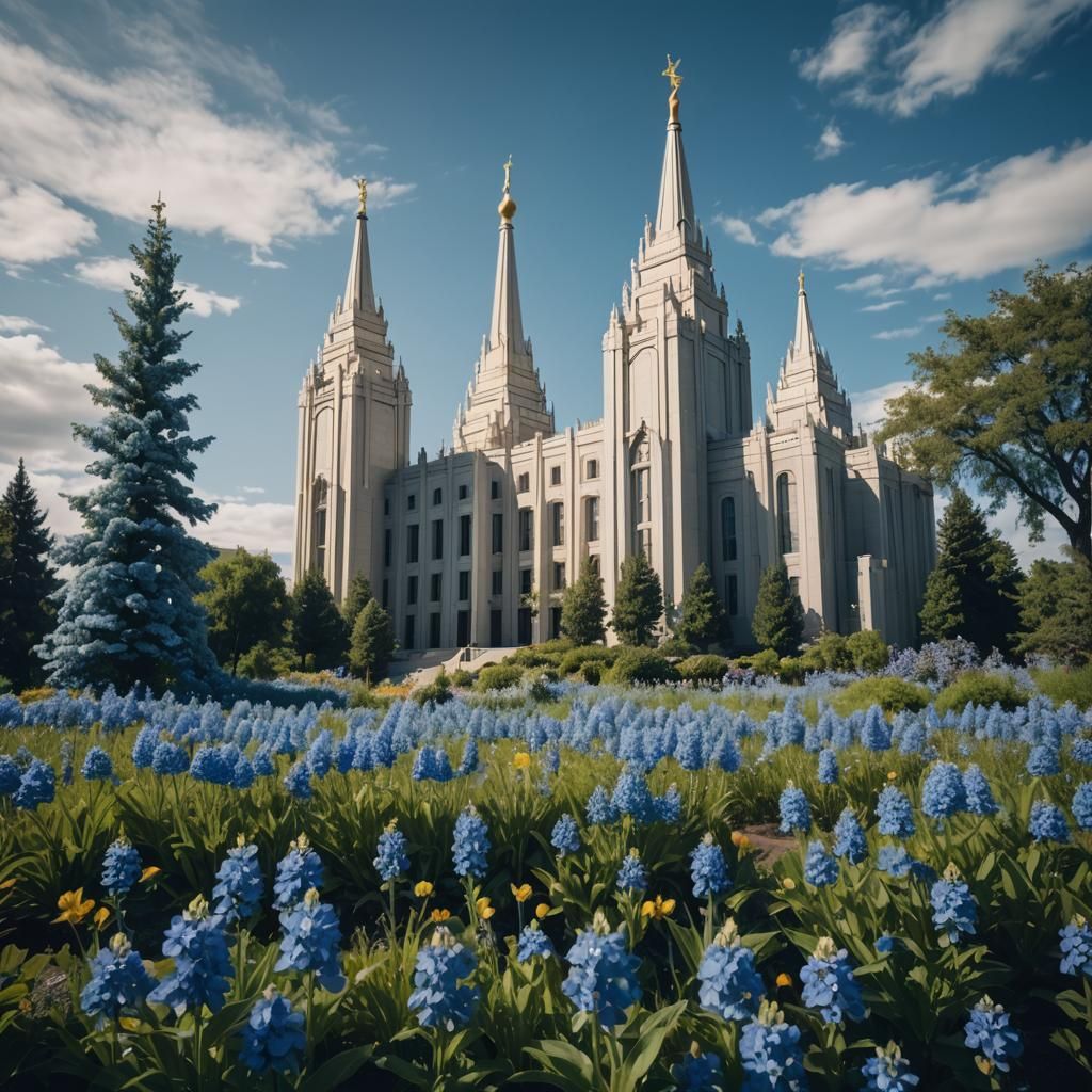 LDS Temple Surrounded by Blue Flowers