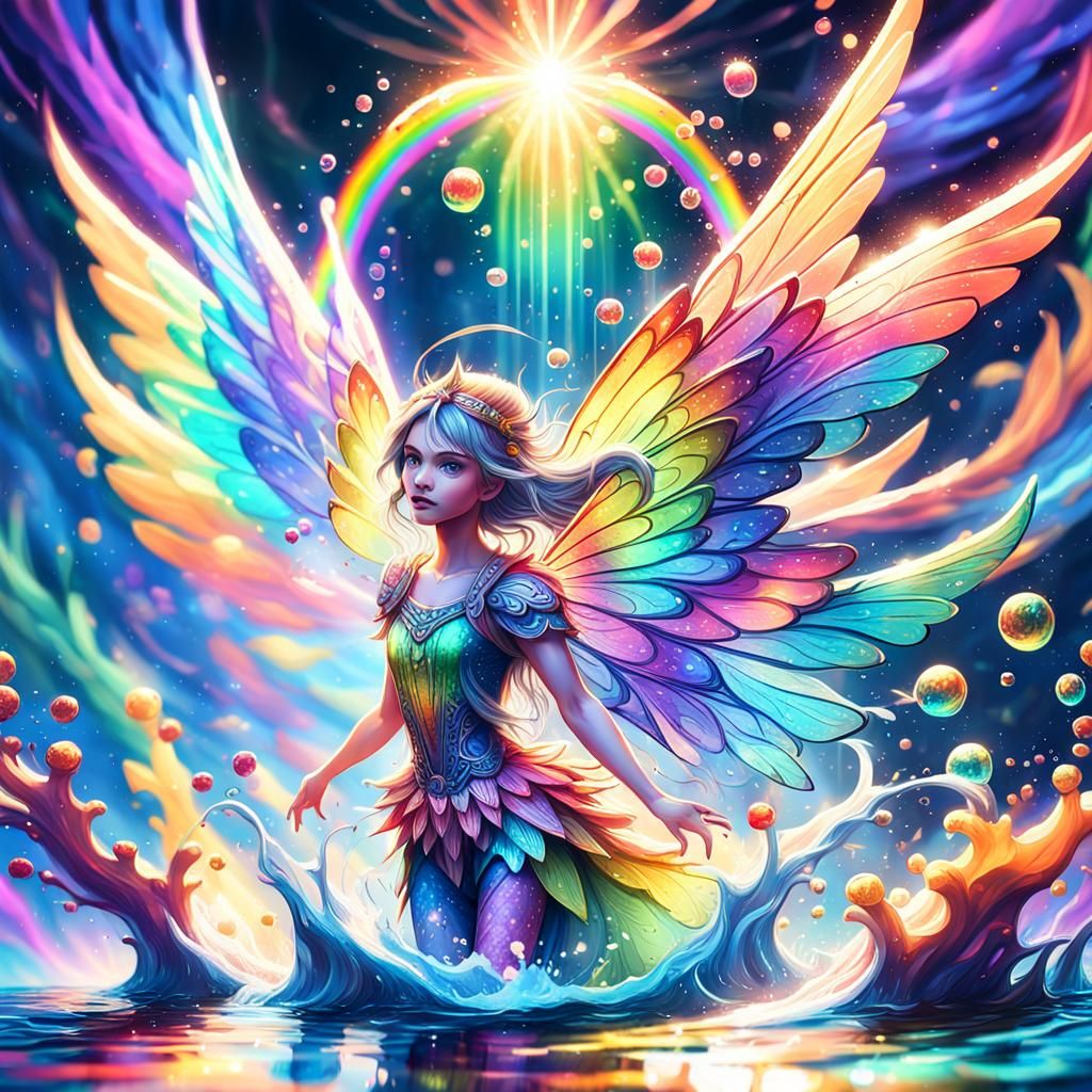 Shining Fairy Flying Above Rainbow: Fantasy Art