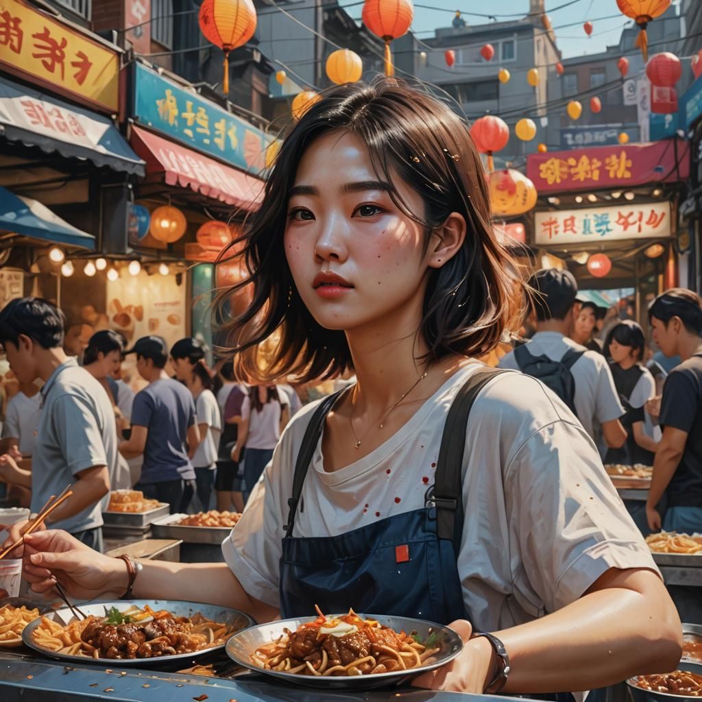 Korean Girl at Street Food Festival: Hyperrealistic Splash A...
