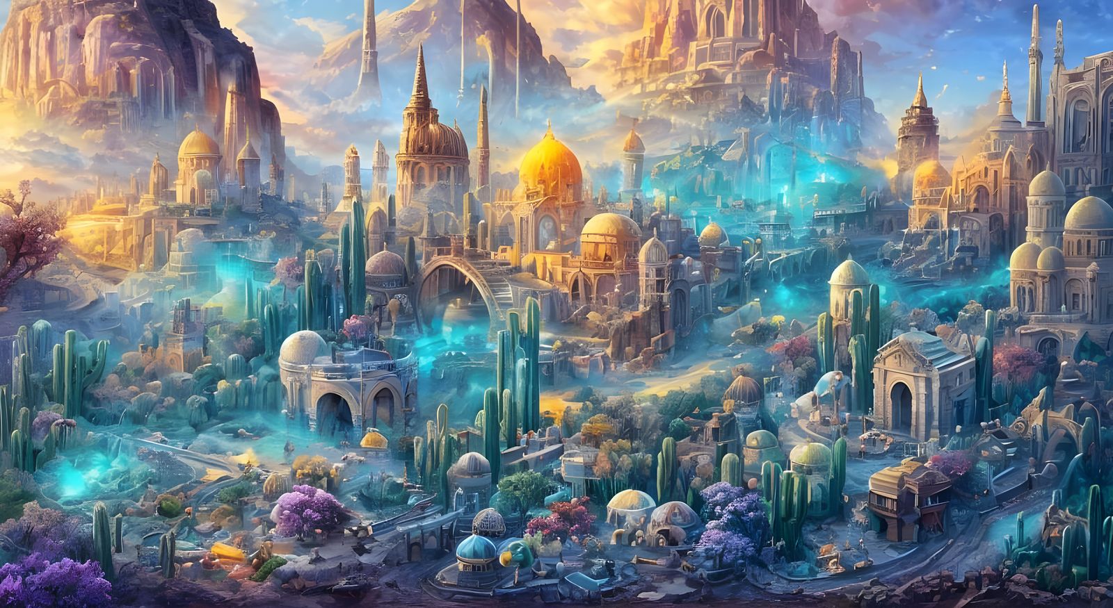 Dieselpunk Desert Kingdom with Golden Spires