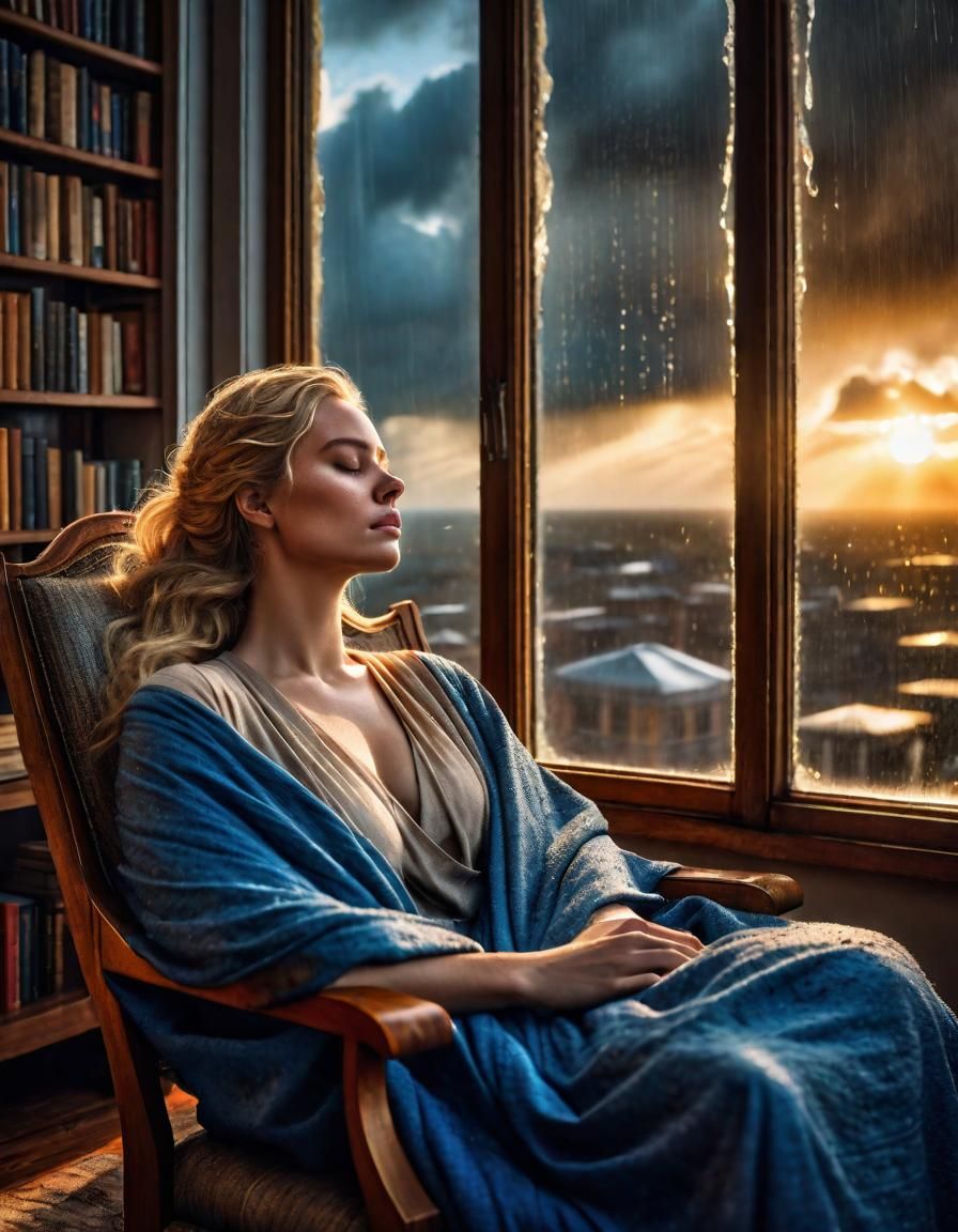 Woman Sleeping in Armchair at Sunrise