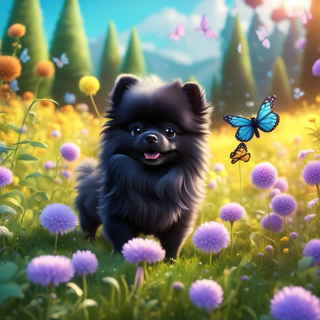 Pomeranian Puppy's Butterfly Meadow: 3D Digital Art