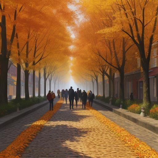 Autumn Festival: Impressionist Cobblestone Path with Pumpkin...
