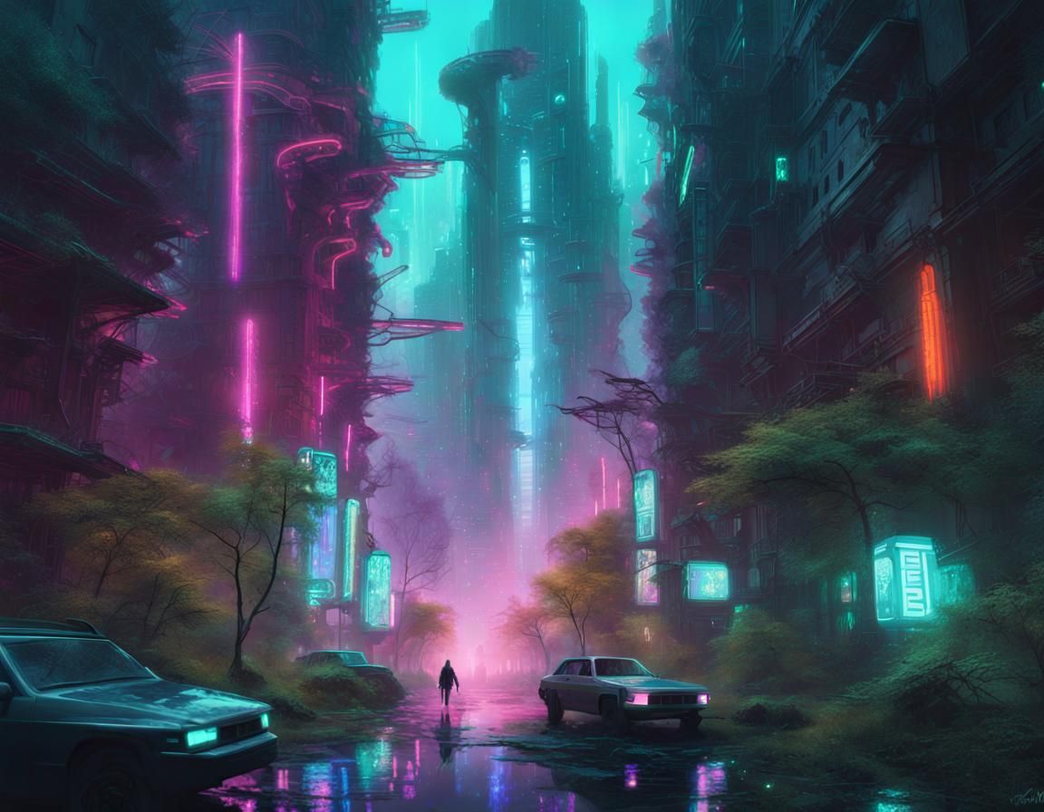 Bioluminescent Cyberpunk Metropolis in Glowing Forest