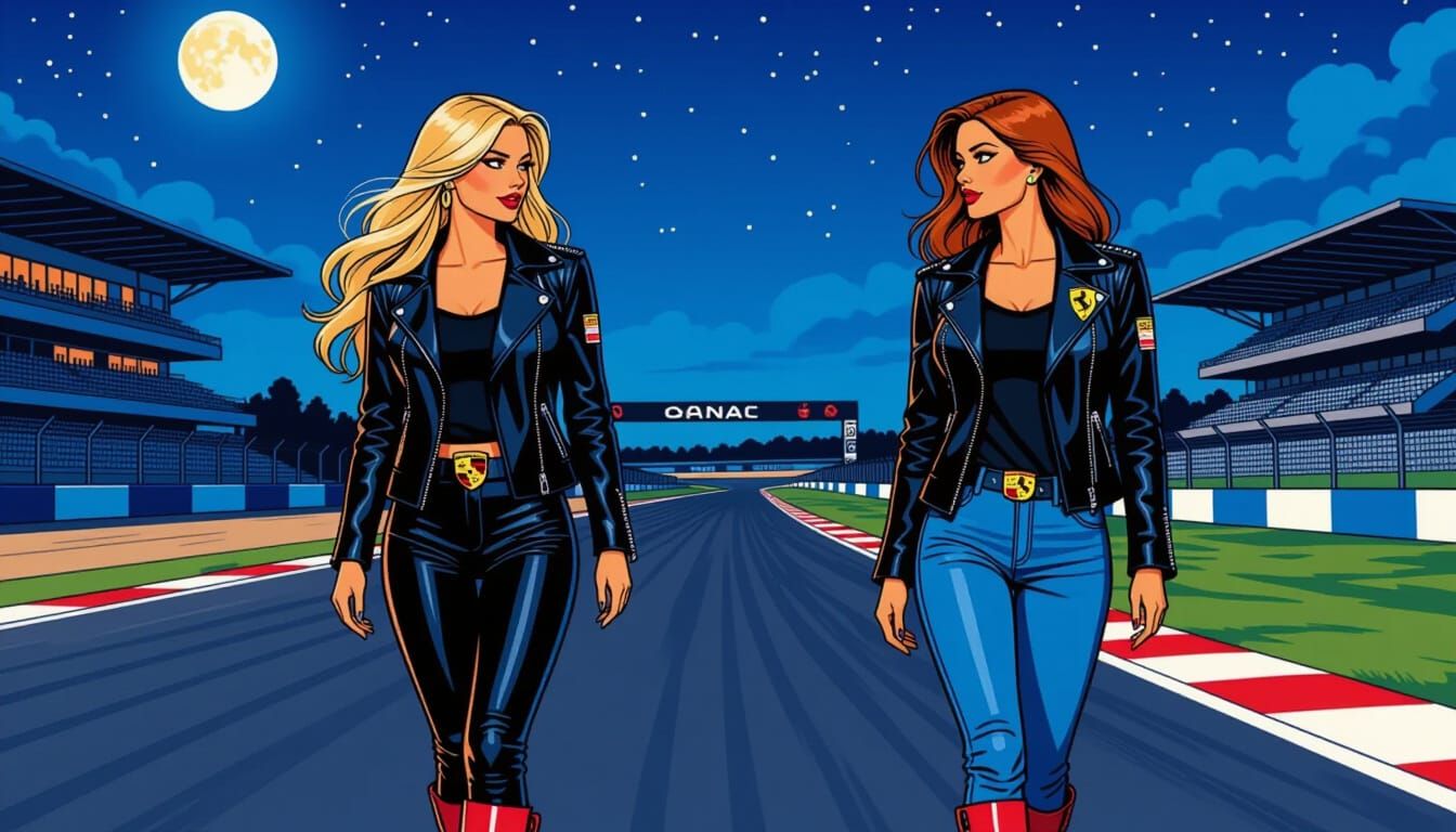 Two Friends Stroll Le Mans Track at Night as Comic Art