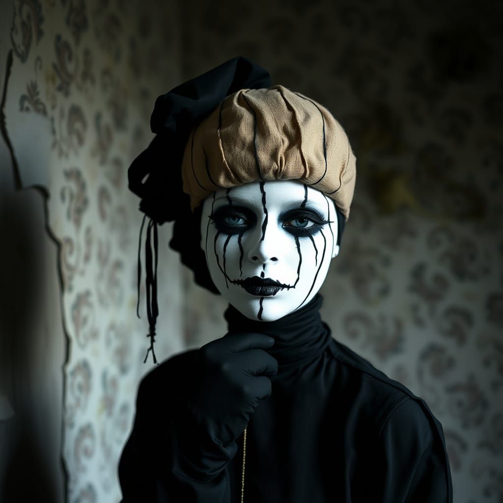 Surreal Portrait of a Sinister Seamstress in a Dark, Dilapid...