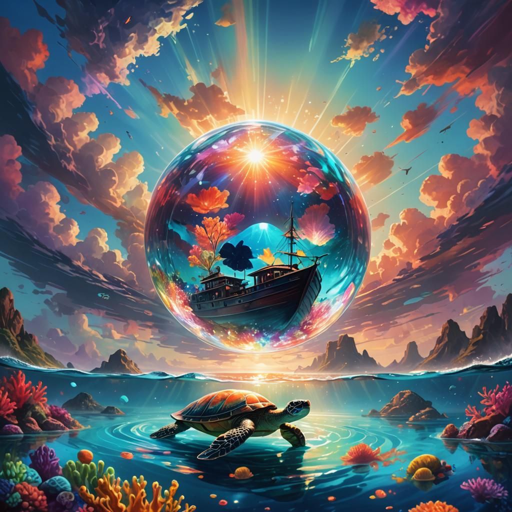 Crystal Orb Boat Projection: Triadic Color Oil Painting