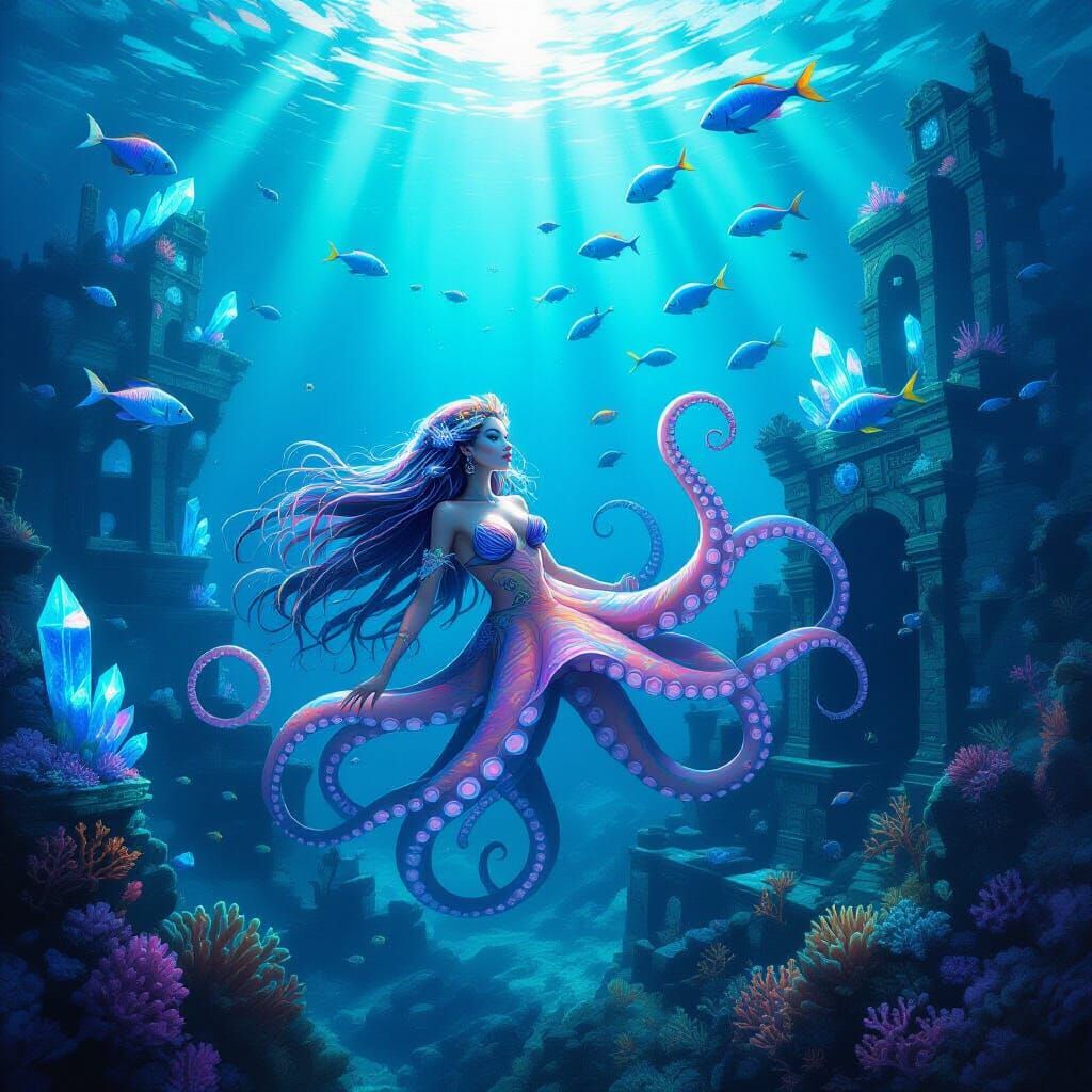 Bioluminescent Octopus Mermaid in Sunken Crystal City