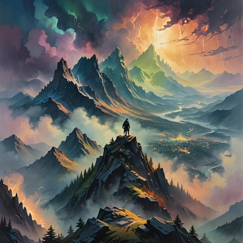 Mystical Mountain Landscape with Aurora in Painterly Style