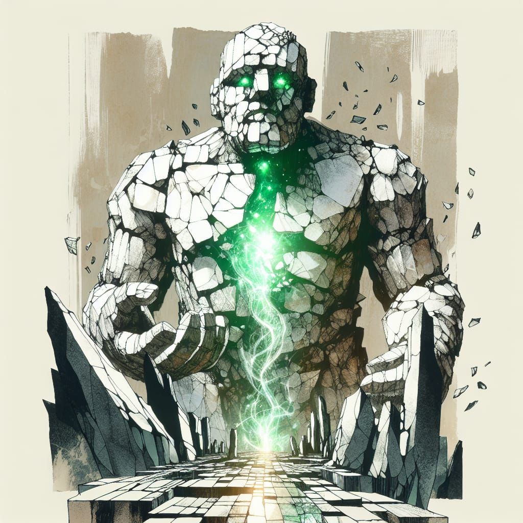 Three-Faced Porcelain Golem in Glass Shard Landscape