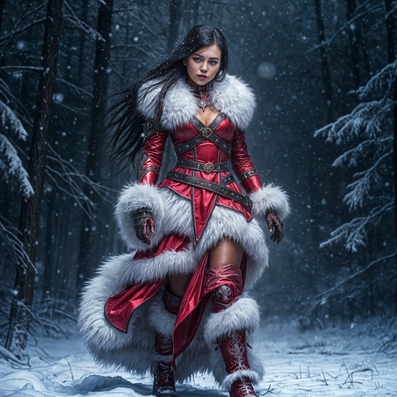 Surreal Hyperrealistic Warrior in Festive Armor in Snowy Nig...