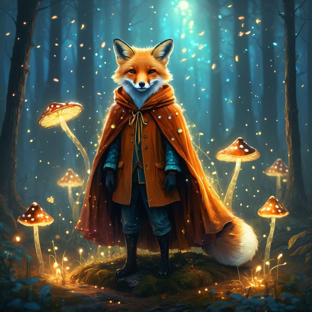 Fox in Cloak on Mushroom, Fantasy Art