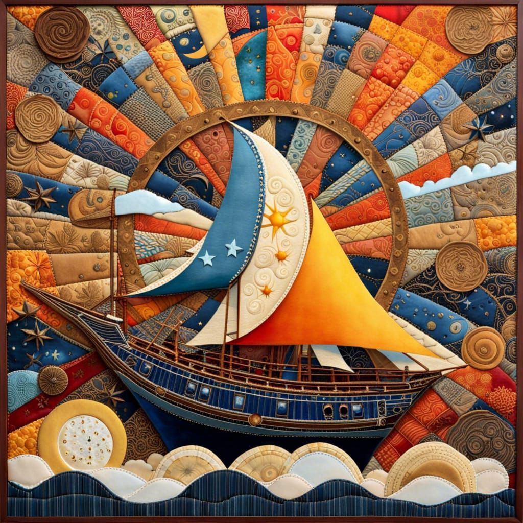 Ship Amidst Sun, Moon and Stars in Patchwork Art