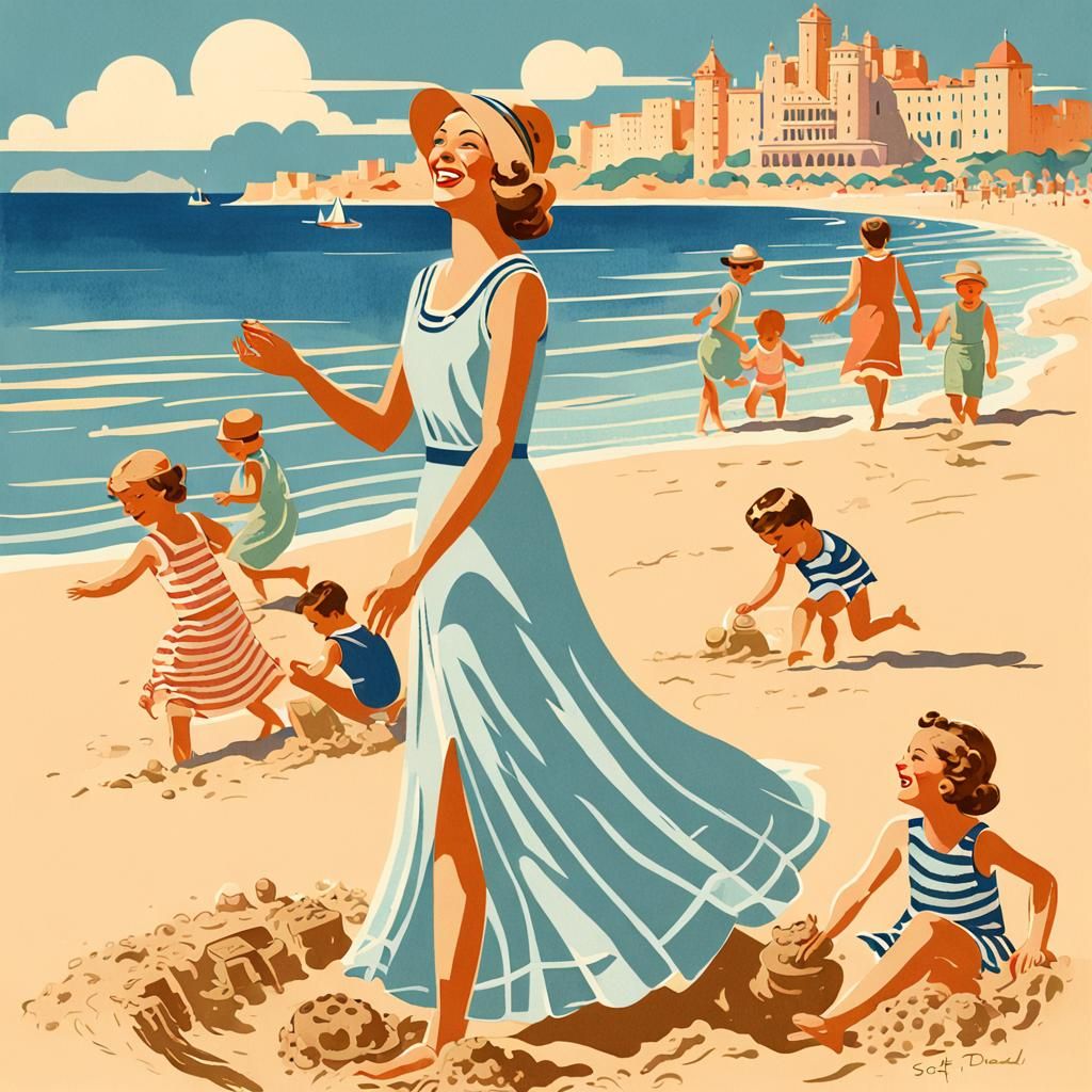 Elegant 1920s Beach Scene in Dudovich Style