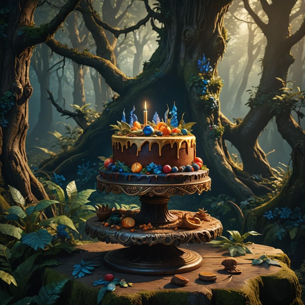 Mystical Forest Cake on Ancient Pedestal
